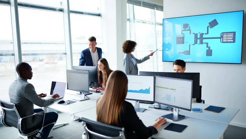 Business team working efficiently with modernised technology, symbolising successful incremental modernisation.