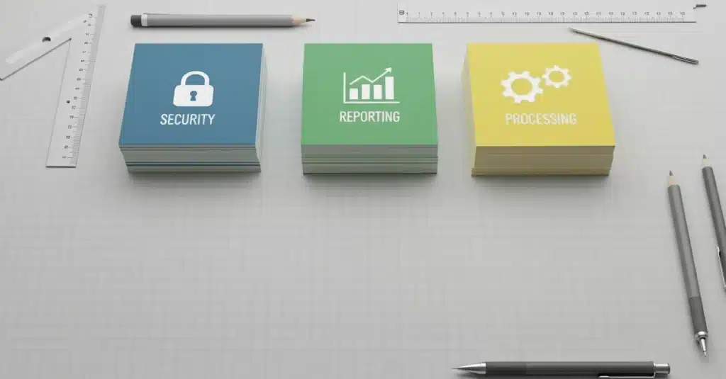 Stacks of cards with icons, representing the different categories of software functional requirements