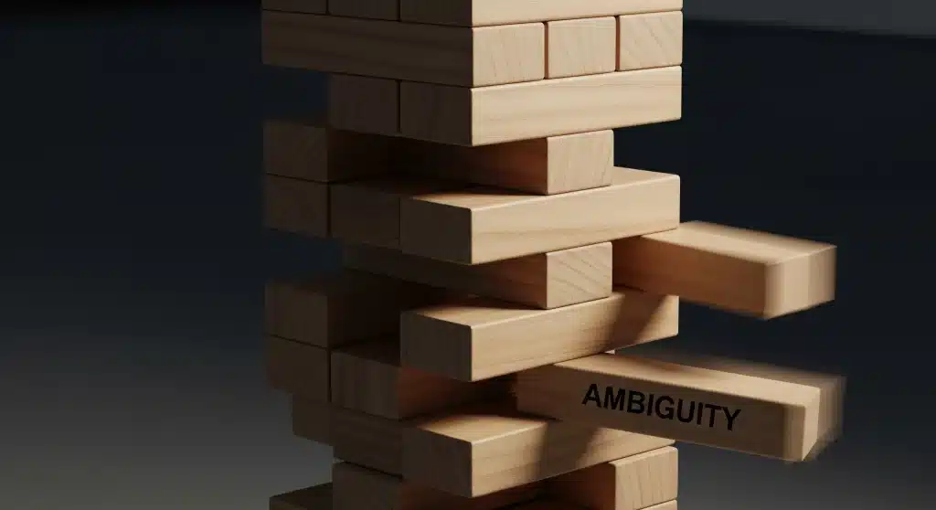 A collapsing Jenga tower, with the foundational block labelled "Ambiguity," showing the common pitfalls in writing software requirements.