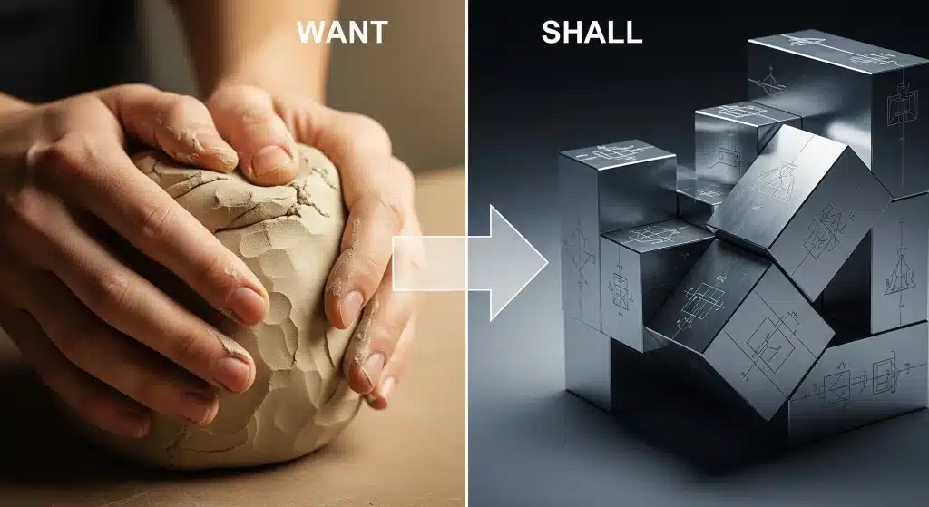 A side-by-side comparison of hands moulding clay and precise metal blocks, illustrating the translation from user story to functional requirement.