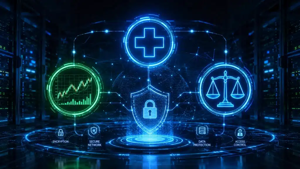 Interconnected glowing digital icons representing healthcare, finance, and legal compliance frameworks over a secure server background.