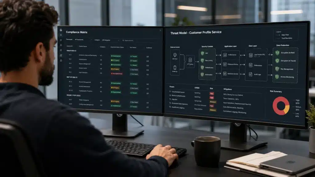 Software developer analysing a structured threat modelling diagram and compliance matrix on dual office monitors.