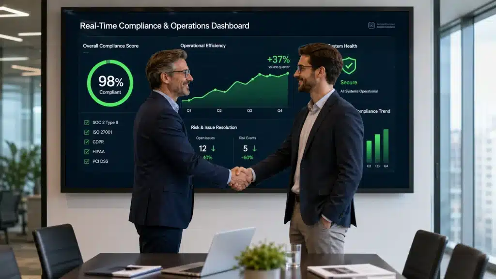 Corporate executive and software architect shaking hands in front of a successful business compliance dashboard display.