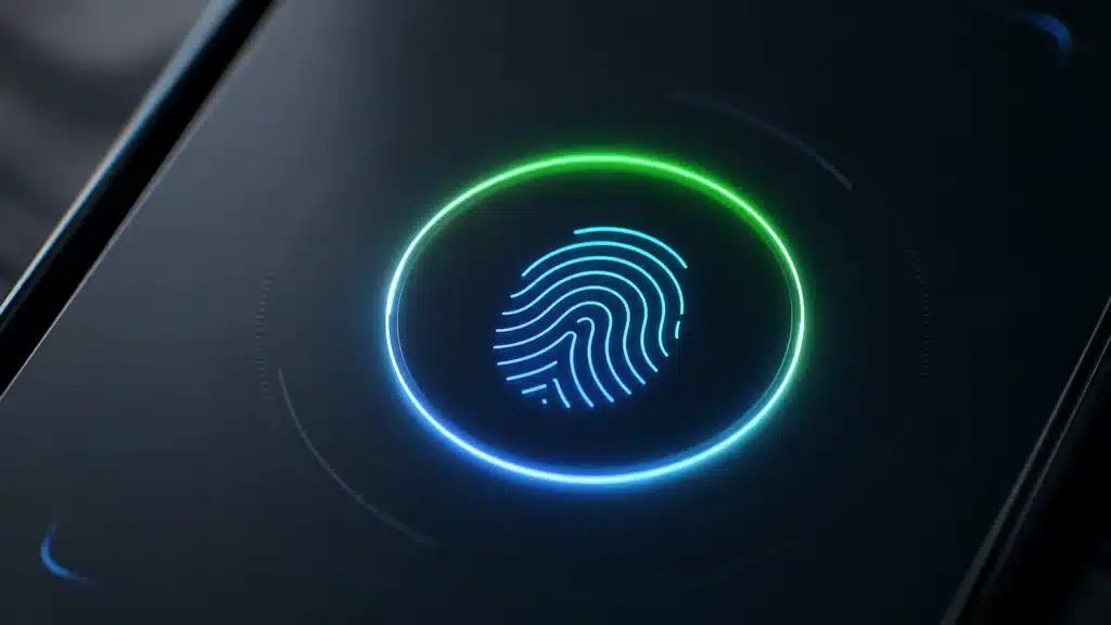 A high-end corporate mobile app interface presenting a smooth, successful biometric fingerprint login verification.