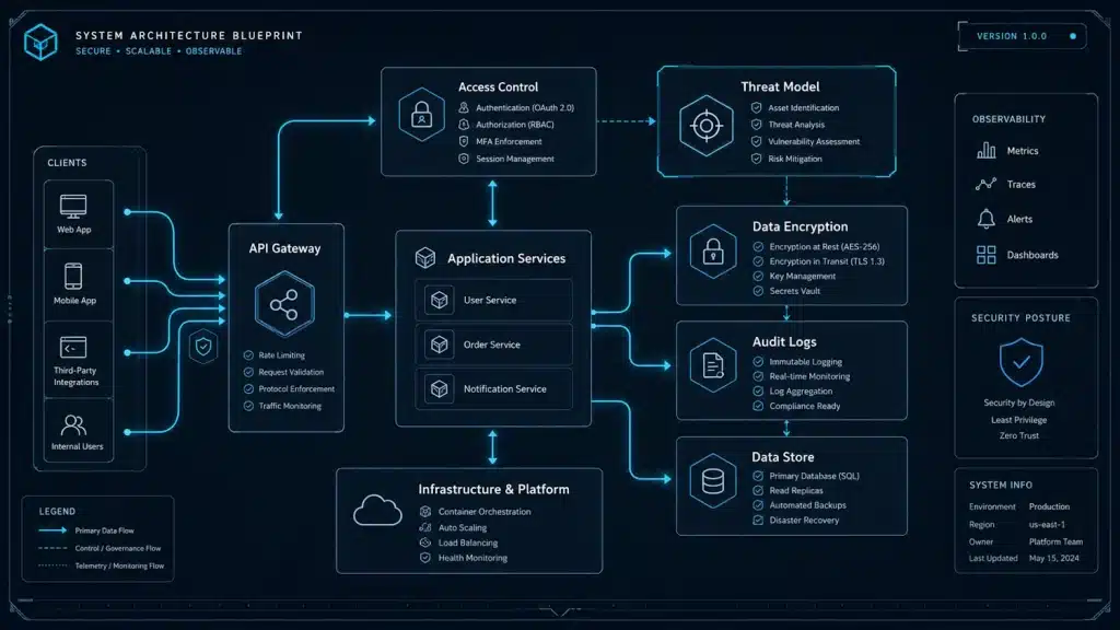 A dark mode digital planning canvas showcasing an enterprise mobile application threat modelling blueprint.