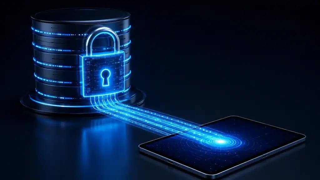 A conceptual 3D pipeline showing a glowing neon secure padlock protecting an enterprise database server linked to a mobile application.