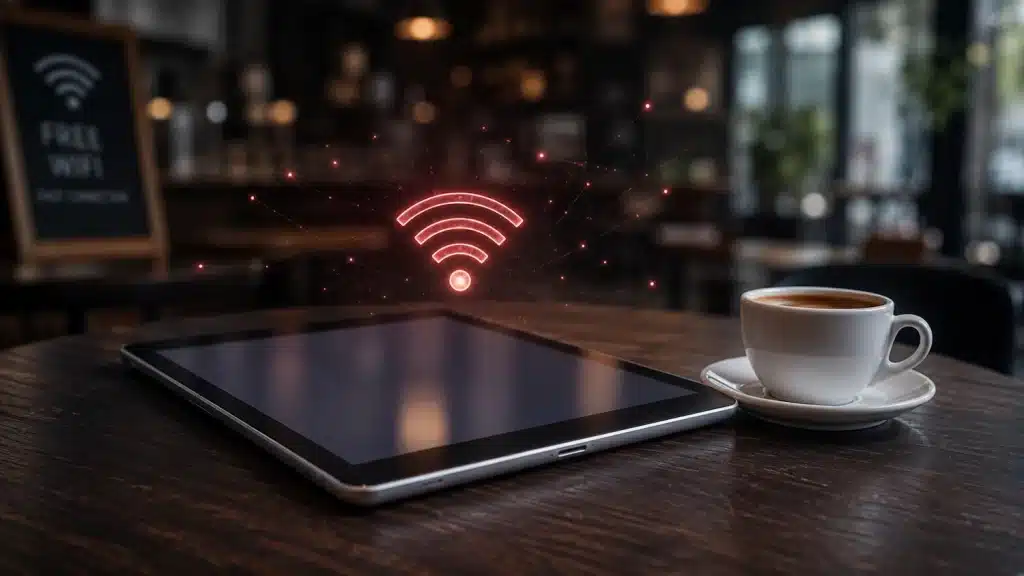 A tablet device resting on a cafe table showing a conceptual visualization of public Wi-Fi security risks.